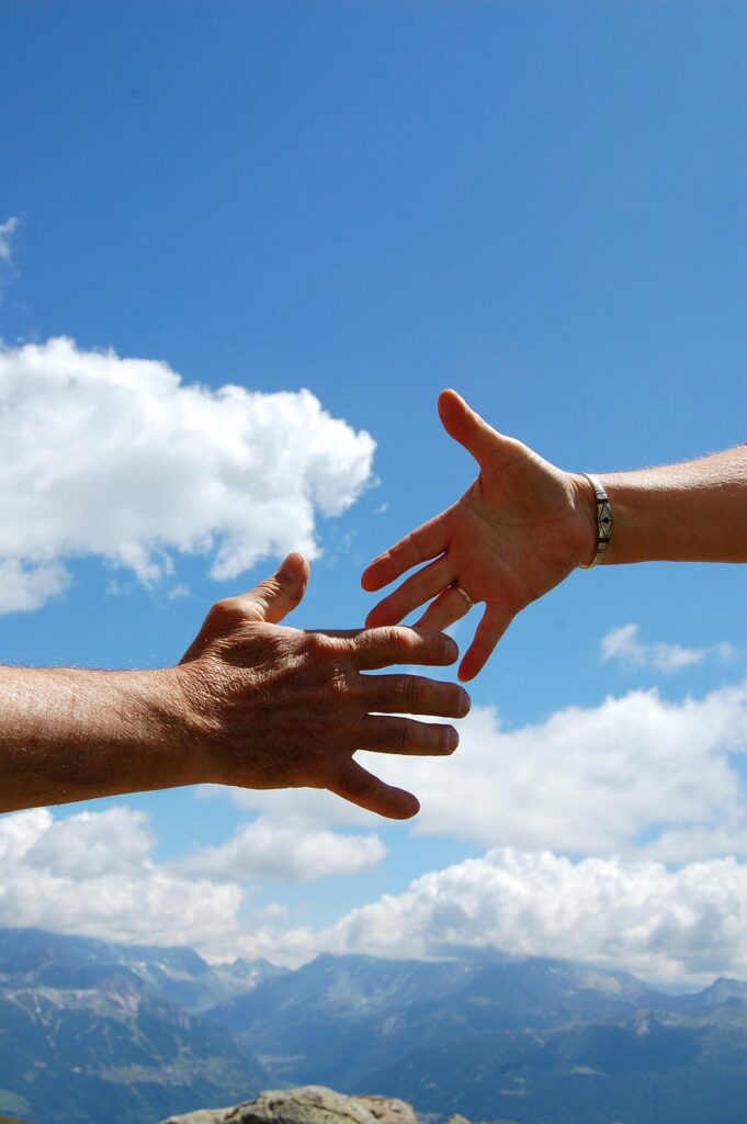 solidarity, sky, nature, hand shake, man woman, clouds, blue, blue sky, optimism